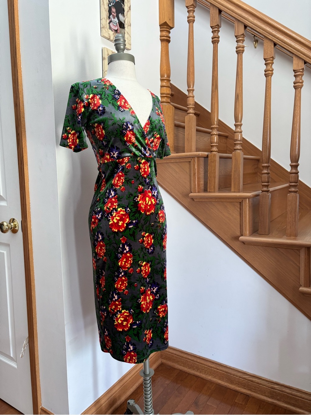 Zara Grey Velvet Midi Dress with Bold Floral Print